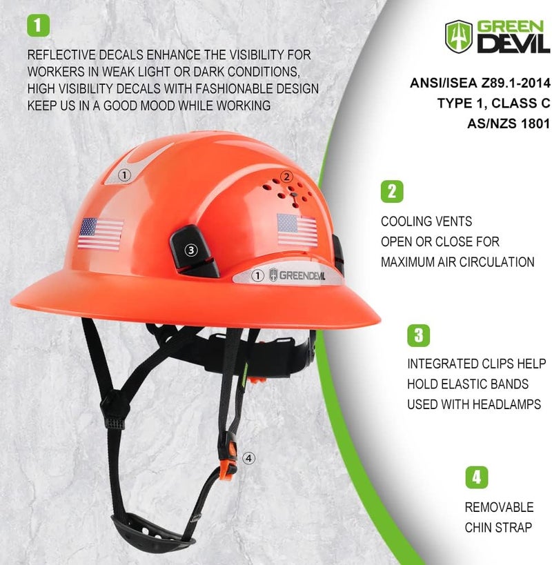 GREEN DEVIL Full Brim Hard Hat Vented Construction Safety Helmet OSHA Approved Cascos De Construccion Work Hardhats with Cooling Towel for Men&Women 6 Point Adjustable Ratchet Suspension - Image 3